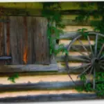 wagon wheel on a wall