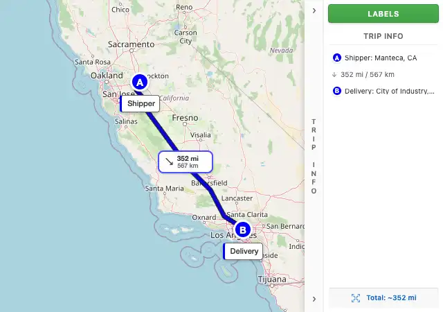 Map route from Manteca, CA to City of Industry, CA