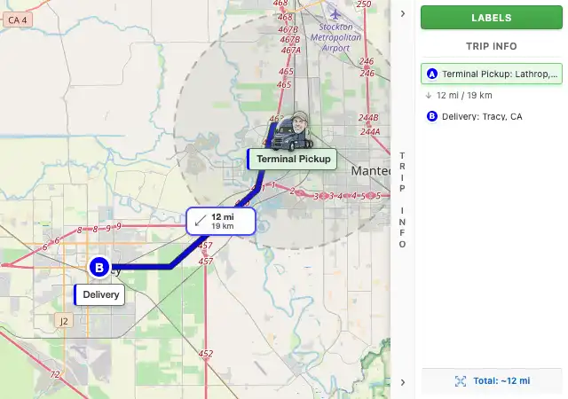 Map route from Lathrop, CA to Tracy, CA