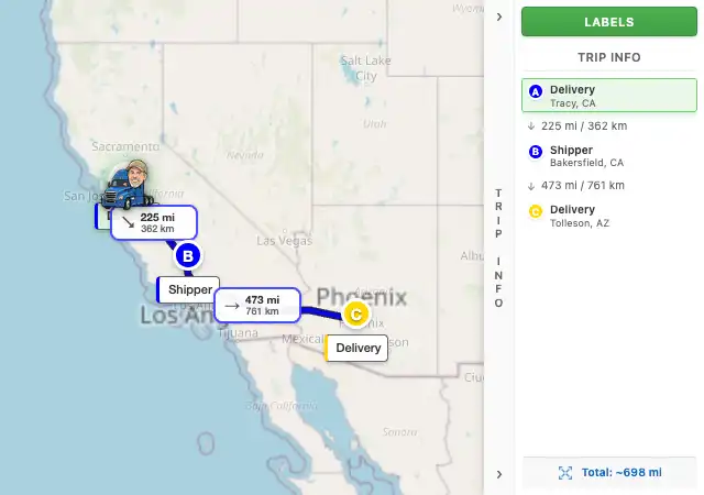 Map route from Tracy, CA to Tolleson, AZ