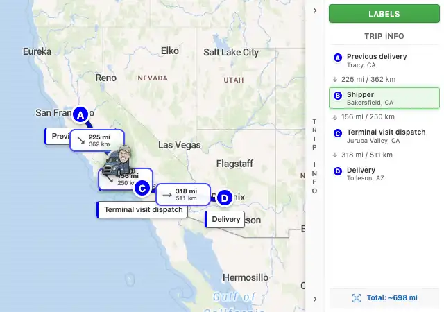 Map route from Tracy, CA to Tolleson, AZ