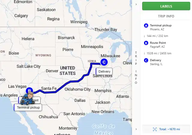 Map route from Phoenix, AZ to Sterling, IL 61081