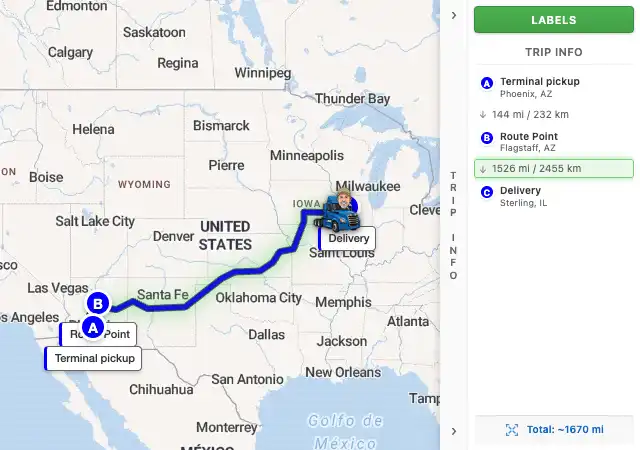 Map route from Phoenix, AZ to Sterling, IL 61081