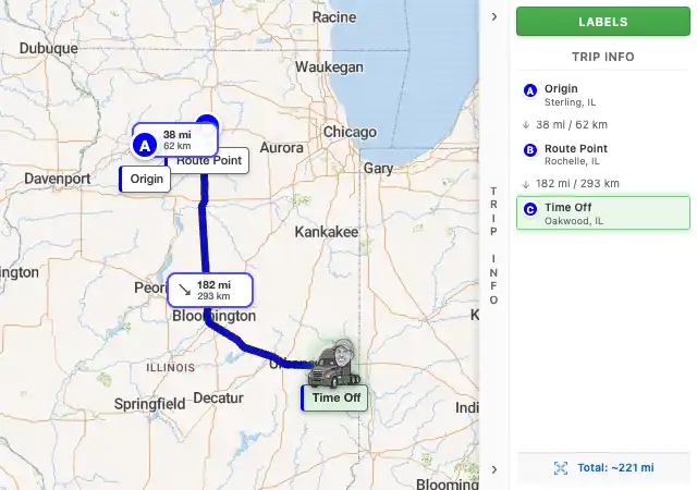 Map route from Sterling, IL 61081 to Oakwood, IL 61858