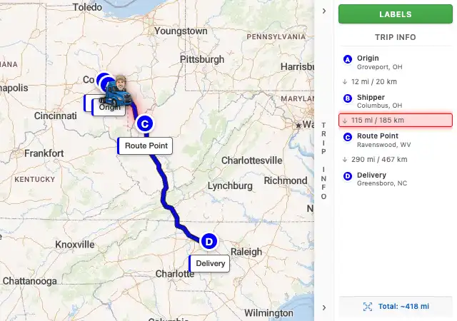 Map route from Groveport, OH to Greensboro, NC