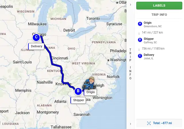 Map route from Greensboro, NC to Joliet, IL