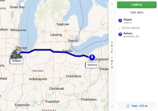 Map route from Joliet, IL to Streetsboro, OH