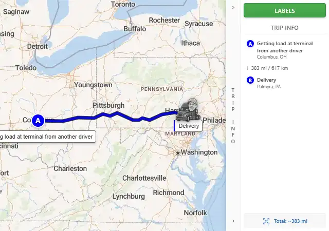 Map route from Columbus, OH to Palmyra, PA 17078