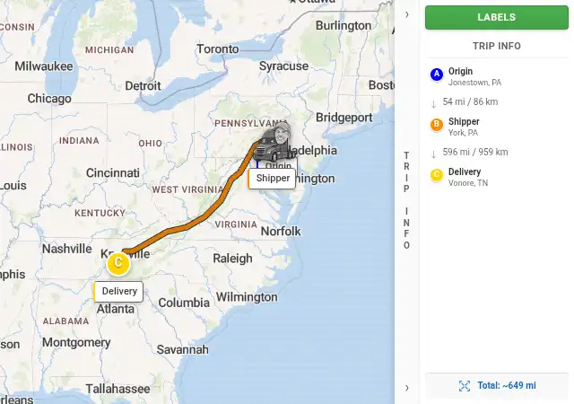 Map route from Jonestown, PA 17038 to Vonore, TN