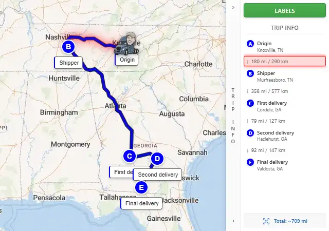 Map route from Knoxville, TN to Valdosta, GA