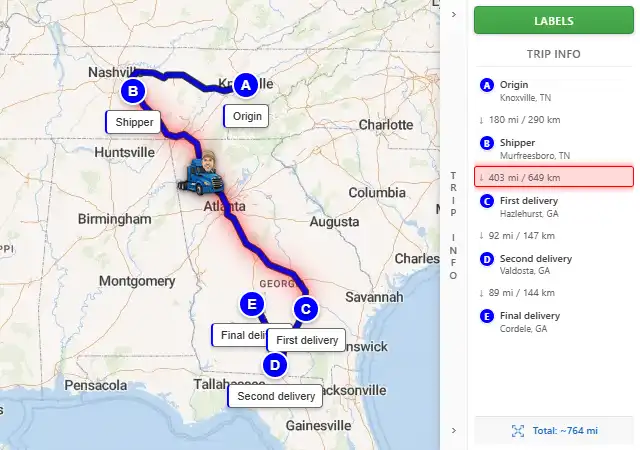 Map route from Knoxville, TN to Cordele, GA 31015