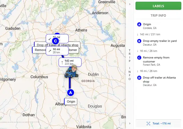 Map route from Cordele, GA 31015 to Decatur, GA