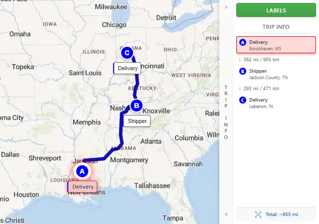 Map route from Brookhaven, MS to Lebanon, IN 46052