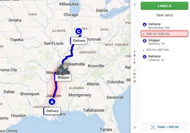 Map route from Brookhaven, MS to Lebanon, IN 46052