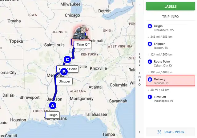 Map route from Brookhaven, MS to Indianapolis, IN