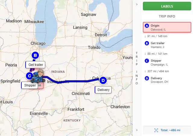 Map route from Oakwood, IL 61858 to Groveport, OH
