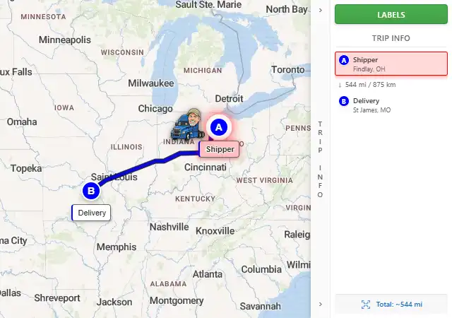Map route from Findlay, OH 45840 to St James, MO 65559