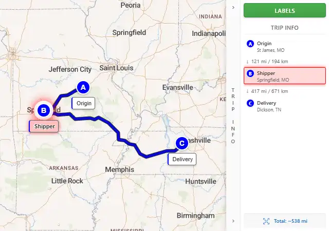Map route from St James, MO 65559 to Dickson, TN