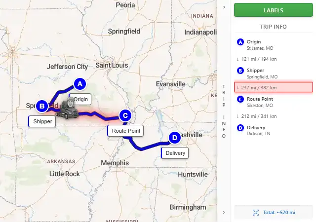 Map route from St James, MO 65559 to Dickson, TN