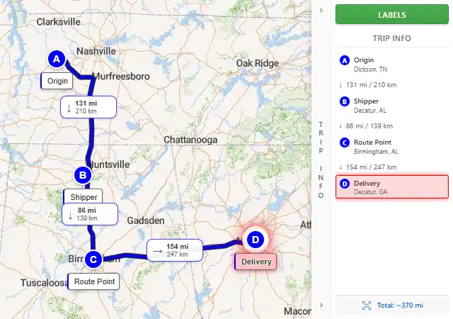 Map route from Dickson, TN to Decatur, GA