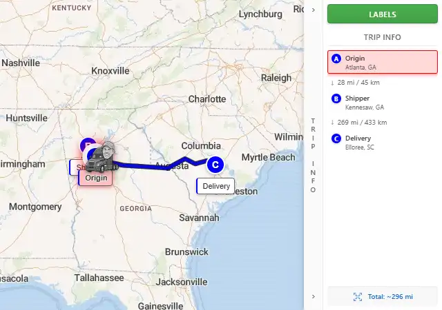 Map route from Atlanta, GA to Elloree, SC 29047