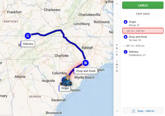 Map route from Elloree, SC 29047 to Middlesboro, KY 40965