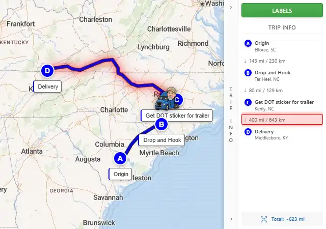 Map route from Elloree, SC 29047 to Middlesboro, KY 40965