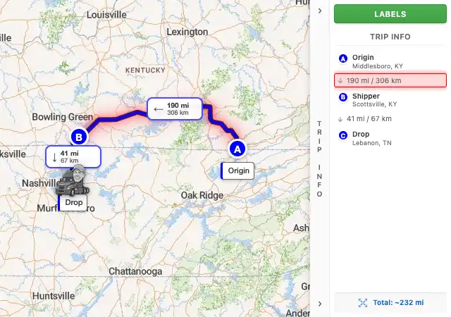 Map route from Middlesboro, KY 40965 to Lebanon, TN