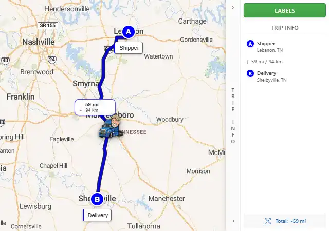 Map route from Lebanon, TN to Shelbyville, TN