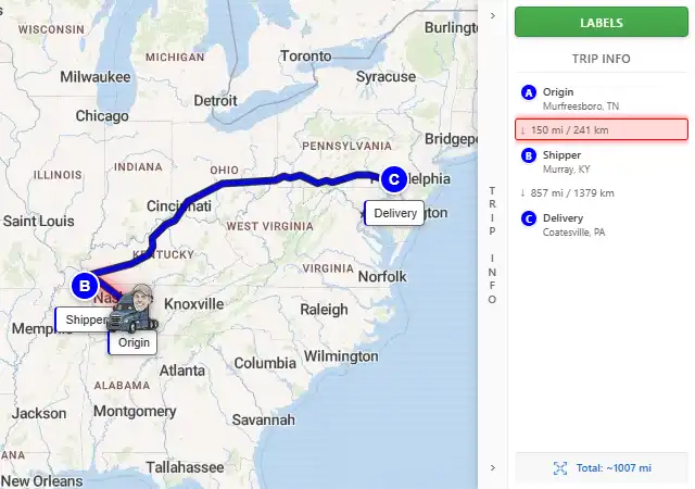 Map route from Murfreesboro, TN to Coatesville, PA 19320