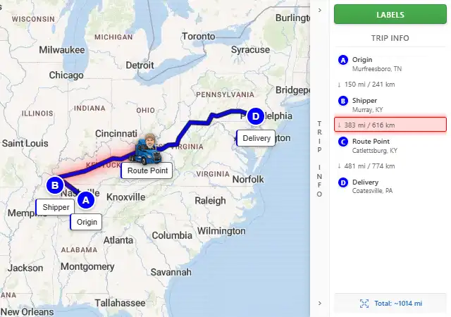 Map route from Murfreesboro, TN to Coatesville, PA 19320