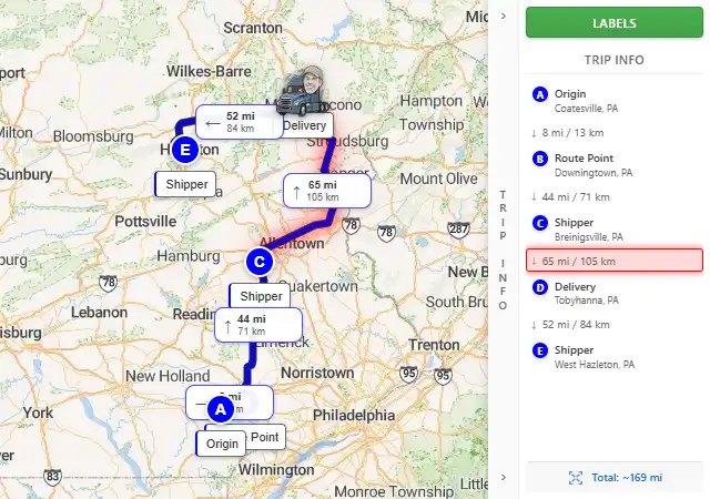 Map route from Coatesville, PA 19320 to West Hazleton, PA