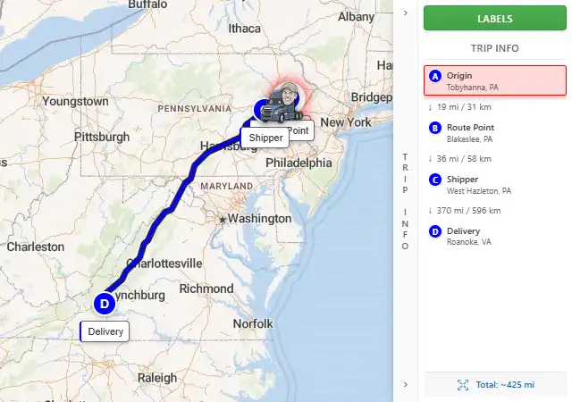Map route from Tobyhanna, PA 18466 to Roanoke, VA