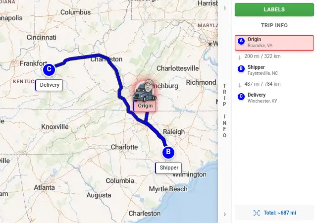 Map route from Roanoke, VA to Winchester, KY 40391