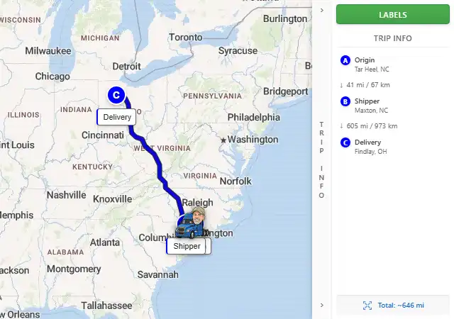Map route from Tar Heel, NC 28392 to Findlay, OH 45840