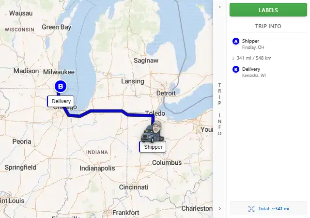 Map route from Findlay, OH 45840 to Kenosha, WI