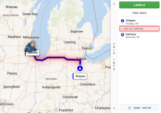 Map route from Findlay, OH 45840 to Kenosha, WI
