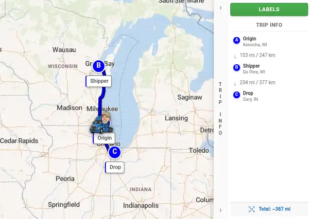 Map route from Kenosha, WI to Gary, IN