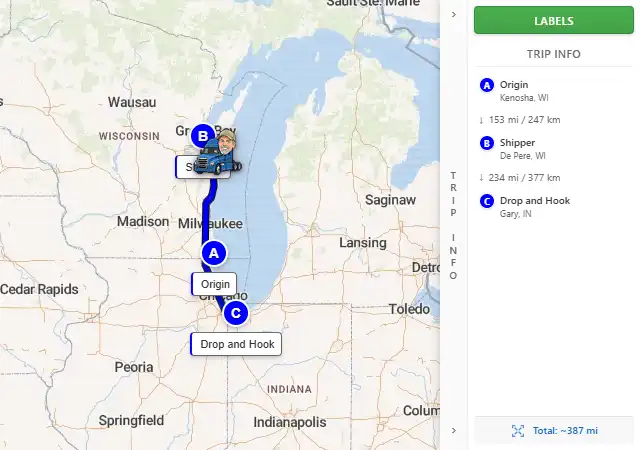 Map route from Kenosha, WI to Gary, IN