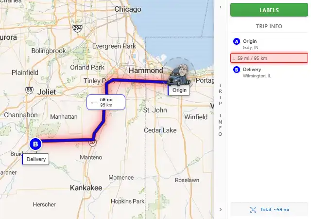 Map route from Gary, IN to Wilmington, IL 60481