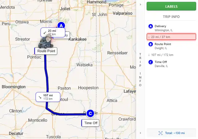 Map route from Wilmington, IL 60481 to Danville, IL