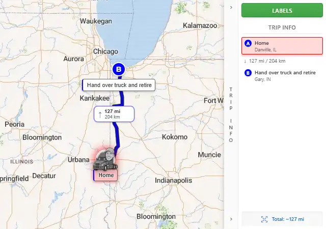 Map route from Danville, IL to Gary, IN