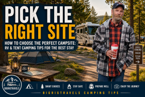 An RV and a tent at separate campsites on level ground near trees and a picnic table