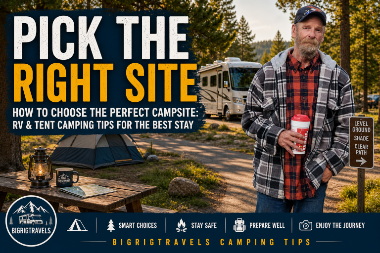 An RV and a tent at separate campsites on level ground near trees and a picnic table