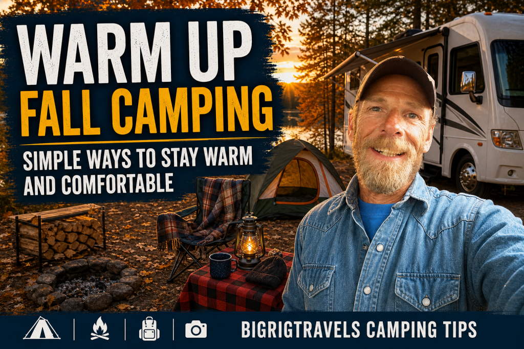 A fall campsite at dusk with a tent, parked RV, folding chairs, lantern, stacked firewood, and autumn leaves.