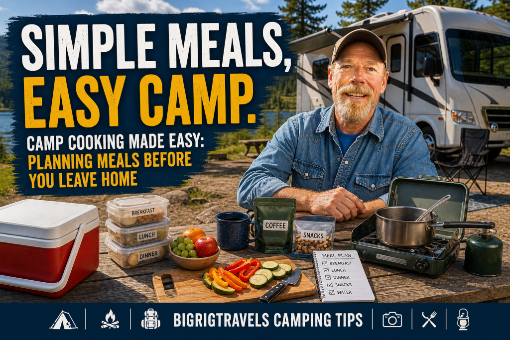 Campground picnic table with food containers, cooler, cutting board, pot, fruit, and an outdoor stove beside an RV