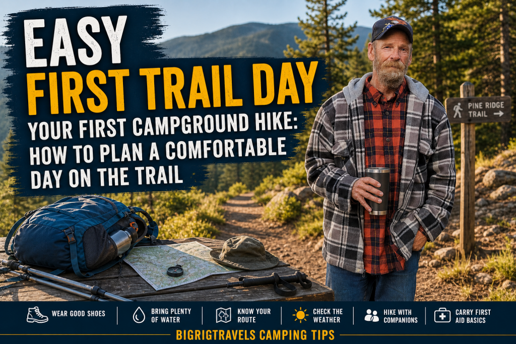 A daypack, water bottle, hat, and trail map on a picnic table near a campground trail sign