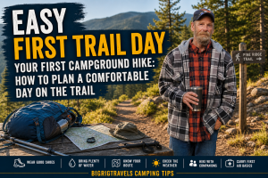 A daypack, water bottle, hat, and trail map on a picnic table near a campground trail sign